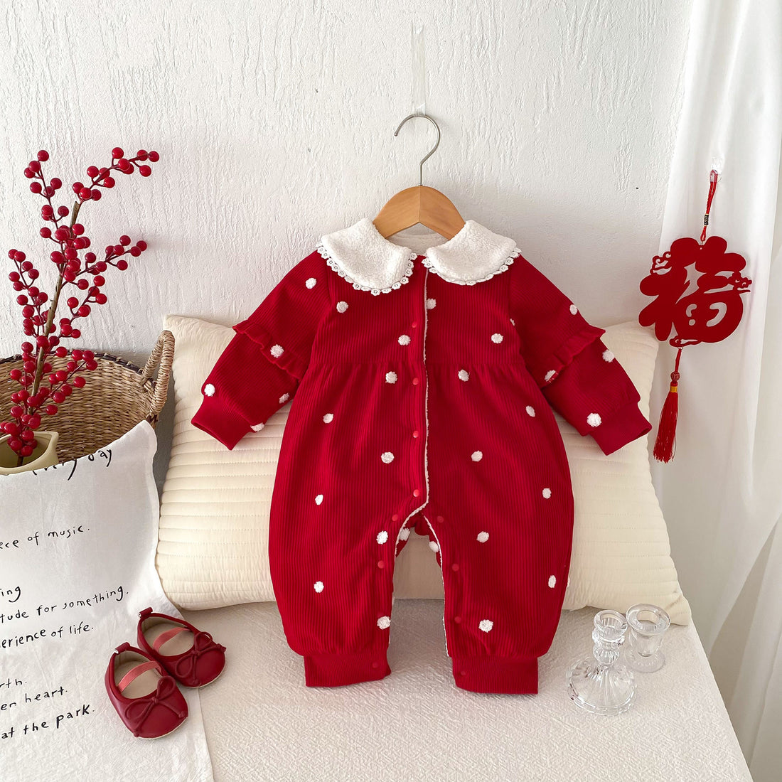 Red Polka Fleece-lined Baby Thickened Jumpsuit