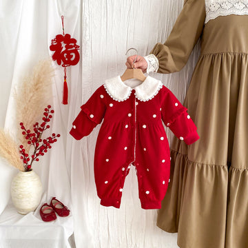 Red Polka Fleece-lined Baby Thickened Jumpsuit