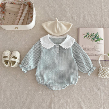 Long Sleeve Checkered Doll Collar Romper